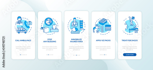 First aid, treatment recommendations onboarding mobile app page screen with concepts. Trauma therapy walkthrough 5 steps graphic instructions. UI vector template with RGB color illustrations