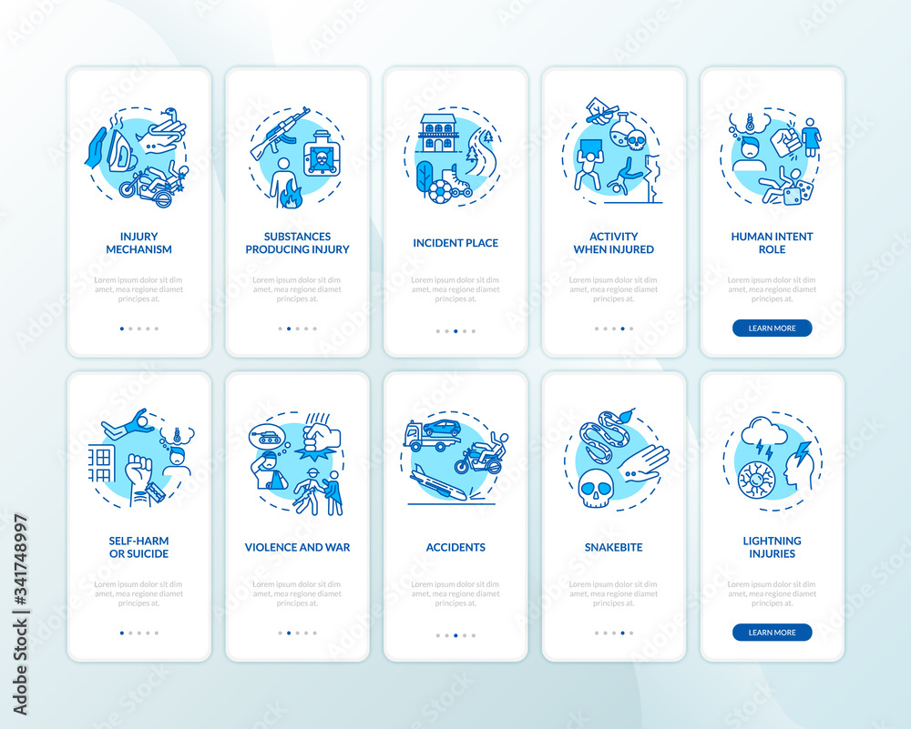 Traumatism reasons onboarding mobile app page screen with concepts set. Trauma natural and human causes walkthrough 5 steps graphic instructions. UI vector template with RGB color illustrations