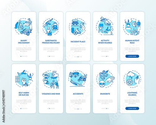 Traumatism reasons onboarding mobile app page screen with concepts set. Trauma natural and human causes walkthrough 5 steps graphic instructions. UI vector template with RGB color illustrations