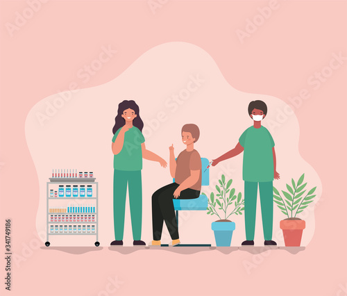 Man vaccination and doctors with mask against 2019 ncov virus vector design