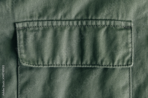 Close-up of pocket on a winter green jacket. Top view. Copy, empty space for text