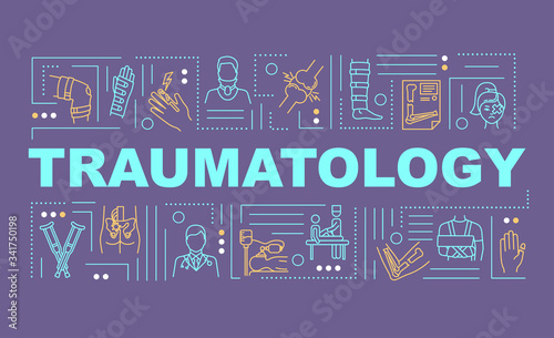 Traumatology, trauma treatment, clinical department word concepts banner. Infographics with linear icons on purple background. Isolated typography. Vector outline RGB color illustration photo