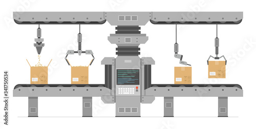 Automatic production conveyor. Conveyor system. Robotic industry concept. Flat Style. isolated on white background