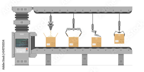 Automatic production conveyor. Conveyor system. Robotic industry concept. Flat Style. isolated on white background