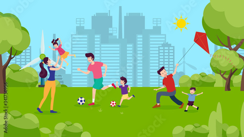 Family are playing together happily. Evenings in summer recreation activity. Cartoon plays football.
