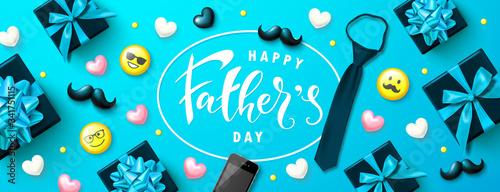 Happy father's day banner with gift boxes, yellow emoticons, hearts, mustache and tie. Template design for postcard, flyer,poster, invitation.Vector illustration