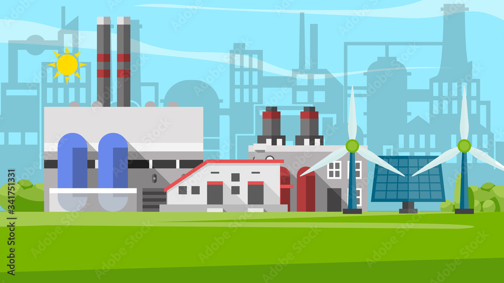 Industrial factory in a flat design style. Vector and illustration of manufacturing building. Eco city landscape concept. site or zone with factories power stations.