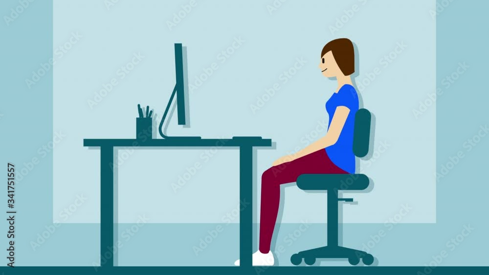2D Flat Animation Character Young woman finds the right posture in the office, alpha channel