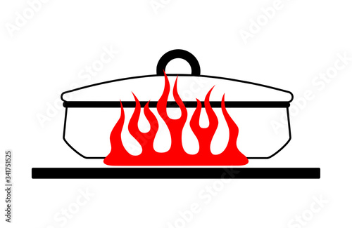 Cartoon stewpan with a lid and a long handle on a red gas stove. Vector image of a kitchen coffee pot on fire. Vector illustration
