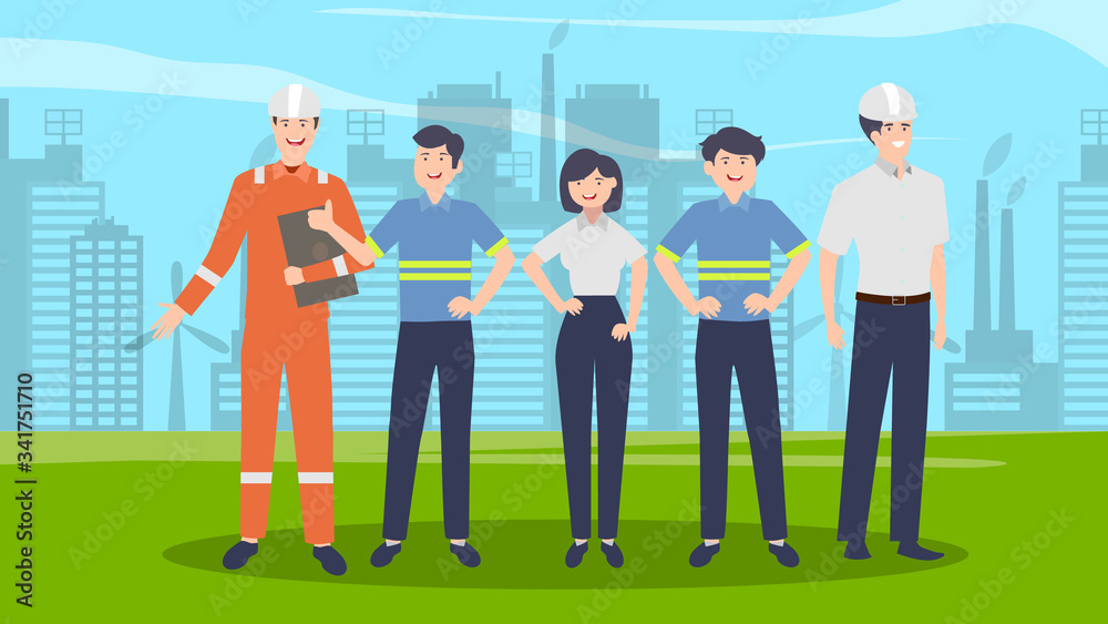 Business people standing in office vector design. Group of men and women with different colors flat cartoon illustration.