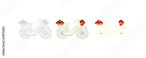 City bike with a basket of flowers on the trunk, depicted in three types: stroke, in color and without stroke