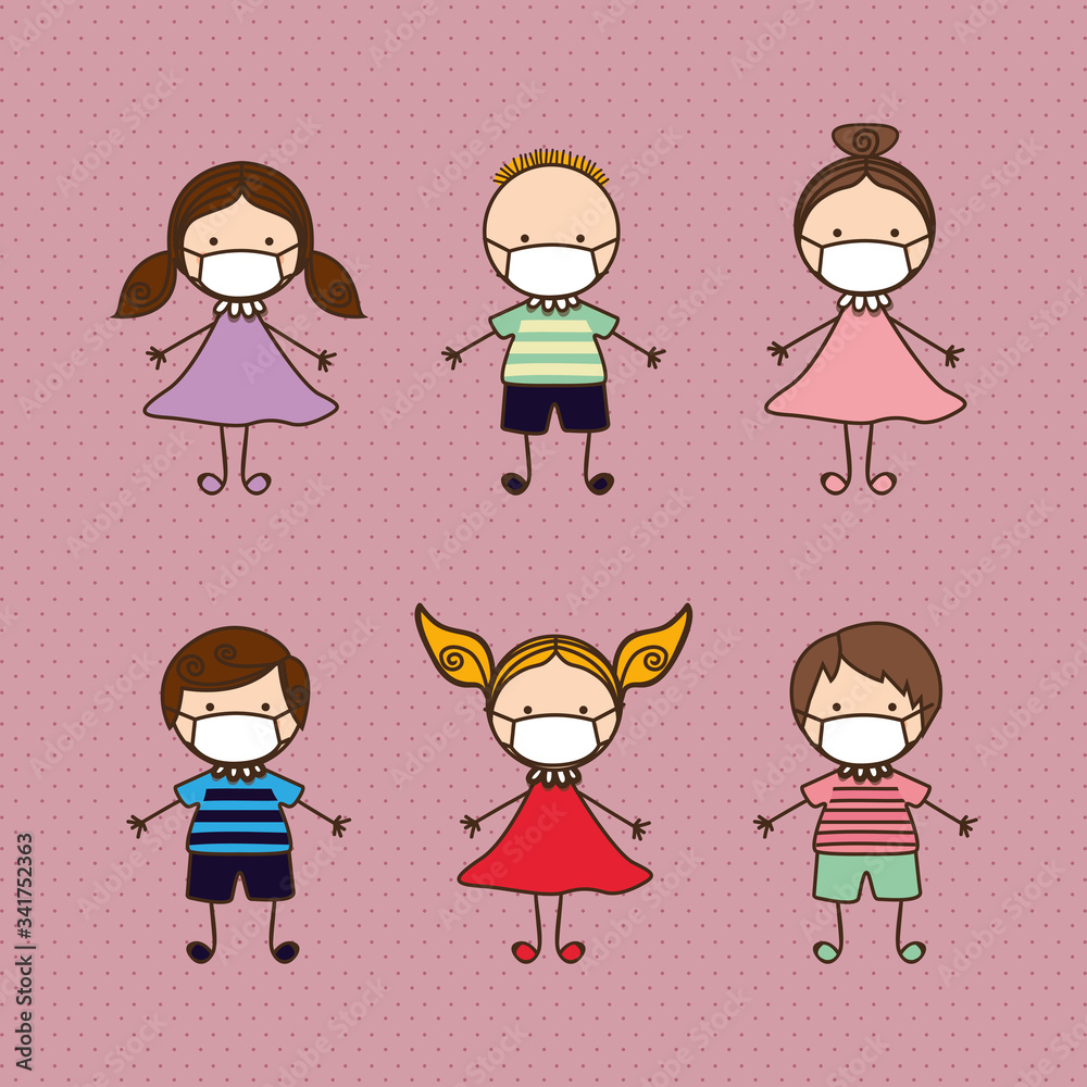Boys and girls kids with masks against 2019 ncov virus vector design Boys and girls kids with masks against 2019 ncov virus vector design