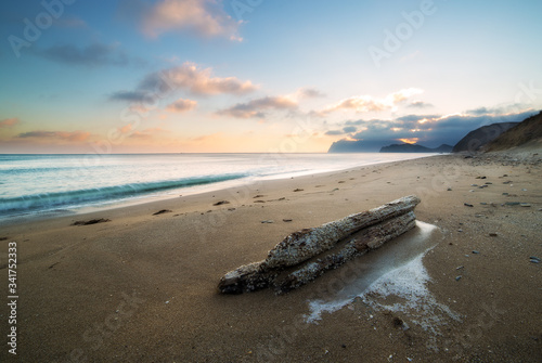  Landscape on a sandy beach with a log at sunset and mountains on the horizon