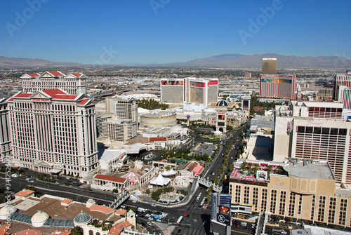 Caesars Palace and The Strip seen from Eiffel Tower replica at Paris Hotel and Casino  Las Vegas Nevada  USA photo