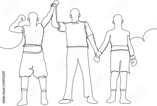 Arbitro che alza la mano del vincitore della gara di boxe..Disegnato a linea continua.