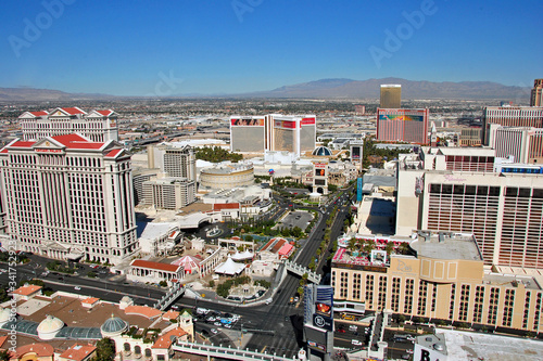 Caesars Palace and The Strip seen from the Eiffel Tower replica at the Paris Hotel and Casino  Las Vegas Nevada  USA photo