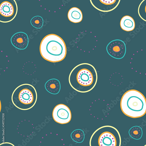 Afloat whimsical wonky circles floating on green blue background seamless vector repeat pattern surface design