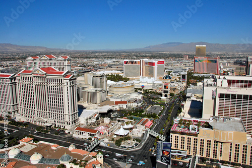Caesars Palace and The Strip seen from the Eiffel Tower replica at the Paris Hotel and Casino  Las Vegas Nevada  USA photo