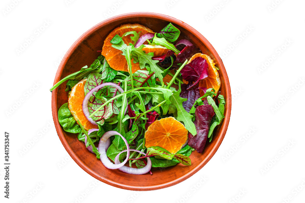 healthy salad tangerines citrus, lettuce, arugula and other herbs. Menu concept food background, keto or paleo diet. top view. copy space for text