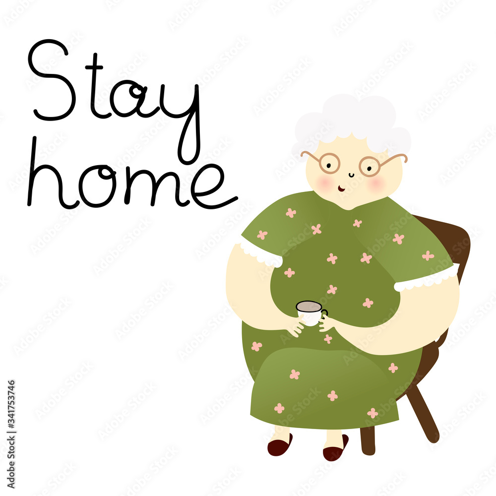 Funny anticoronavirus concept card with cute old woman with glasses holding a cup of tea and text- stay home . Funny childish print. Stop coronovirus. Funny anticoronavirus concept card with cute old woman with glasses holding a cup of tea and text- stay home . Funny childish print. Stop coronovirus.