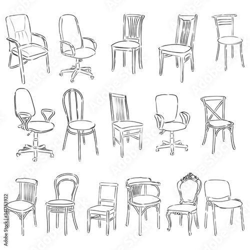 Furniture set. Interior detail outline collection: chair, armchair, stool. wooden chair vector sketch illustration