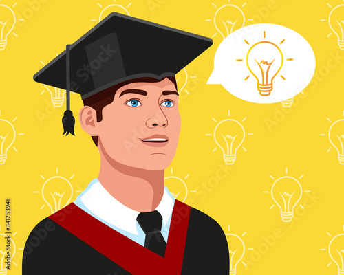 Handsome college guy student, university graduate in graduation cap and gown. Scientific idea concept. Future belongs to education. Yellow background.  Vector illustration.