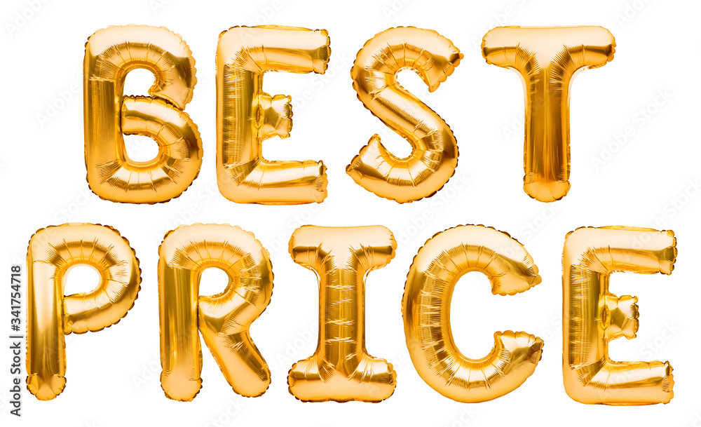 Words BEST PRICE made of golden inflatable balloons isolated on white background. Helium balloons gold foil forming phrase best price. Discount and advertisement, sale and party decoration Words BEST PRICE made of golden inflatable balloons isolated on white background. Helium balloons gold foil forming phrase best price. Discount and advertisement, sale and party decoration