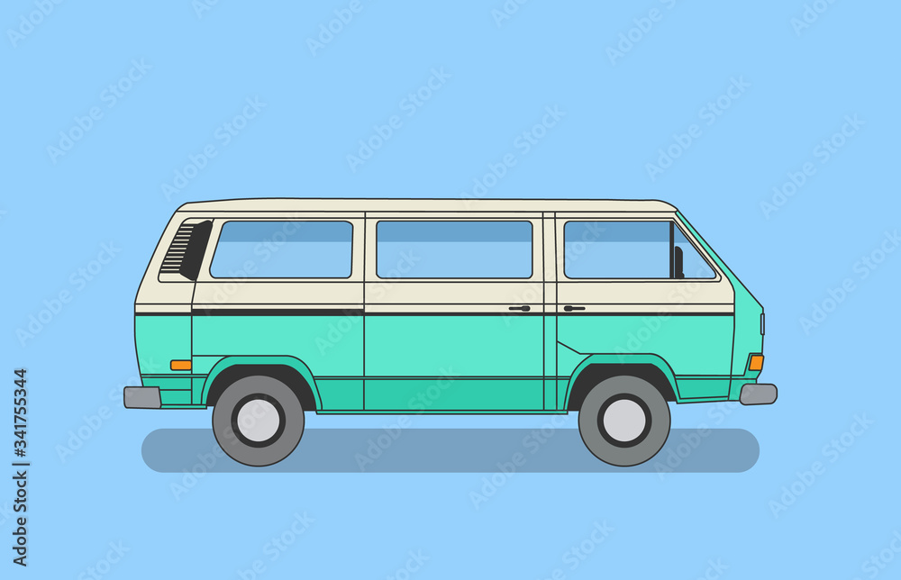 Detailed retro, vintage, travel, camper van, on white background. Roud badge vintage van car. Round sticker van life. vector eps 10