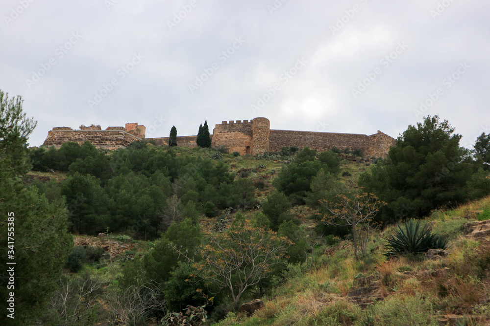 Scenic view of medieval Sagunto castle on the green hill in Spain
