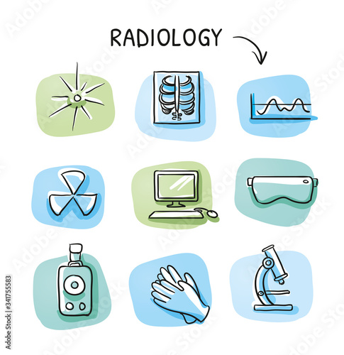 Set of different medical radiation and x-ray laboratory icons, for info graphics on blue and green tiles. Hand drawn cartoon sketch vector illustration, marker style coloring. 
