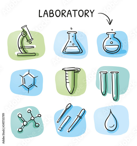 Set of different laboratory and science icons, for info graphics on green and blue tiles. Hand drawn cartoon sketch vector illustration, marker style coloring. 