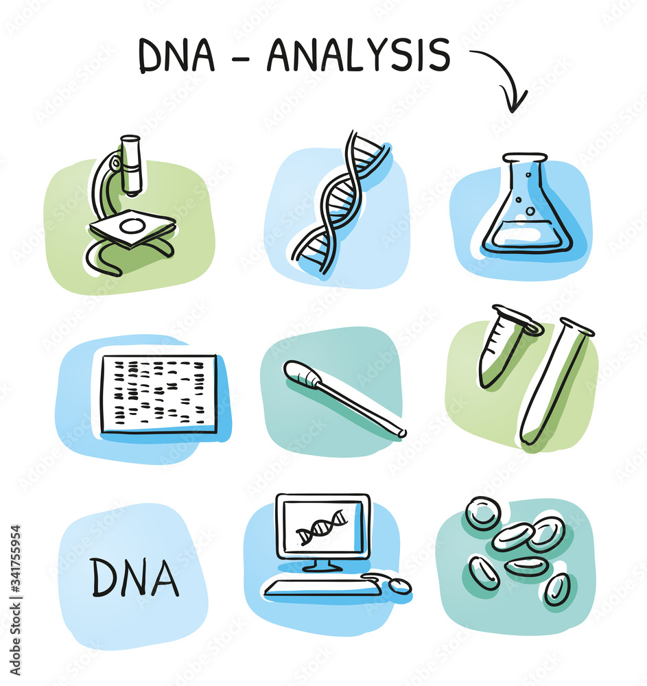 Bioanalyzer Layout Cartoon Set of different DNA testing and laboratory icons, for medical info ...