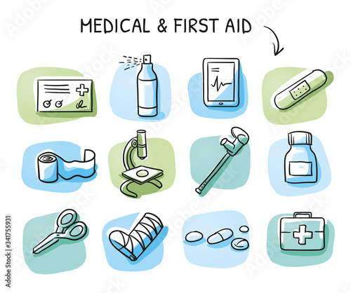 Set of different medical icons of wound care and treatments for medical info graphics on blue tiles. Hand drawn cartoon sketch vector illustration, marker style coloring on blue green tiles 