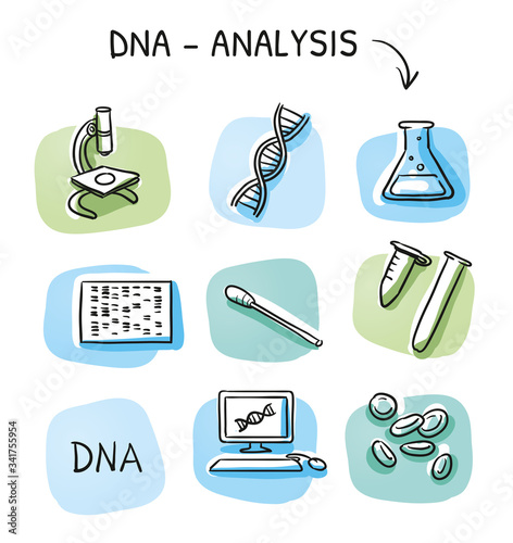 Set of different DNA testing and laboratory icons, for medical info graphics on green and blue tiles. Hand drawn cartoon sketch vector illustration, marker style coloring. 