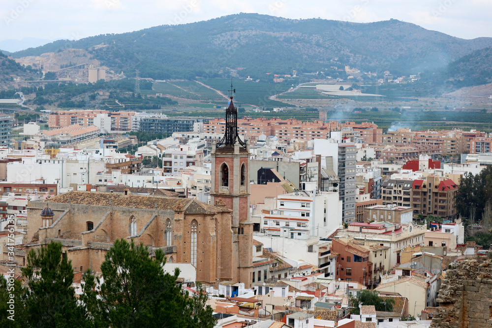 Panoramic view of old town of Sagunto, Spain and parish church of Santa Maria