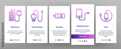 Charger Energy Device Onboarding Icons Set Vector. Wireless And Cable Electrical Charger, Car And Usb Charging Cord, Smartphone Battery Tool Illustrations