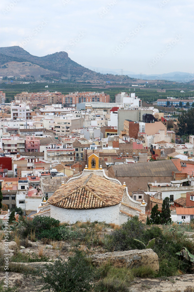 panoramic view of the city of sagunto in spain from the castle hill with chapel Hermitage of the Virgen de la Soledad or Calvary