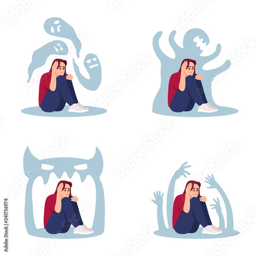 Woman with psychosis flat vector illustrations set