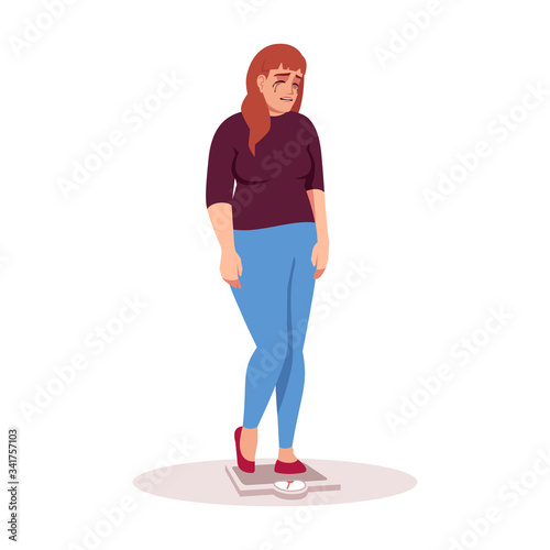 Crying woman on scales semi flat RGB color vector illustration