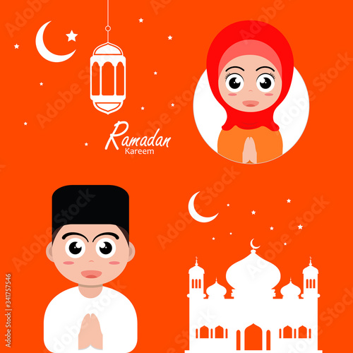 ramadan greeting flat poster illustration with ramadan kareem cartoon character design