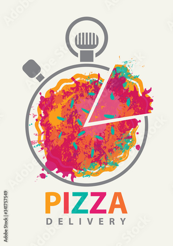 Vector banner on the theme of pizza delivery. Decorative illustration with a stopwatch and an abstract image of pizza in the form of multicolored spots and splashes on a light background