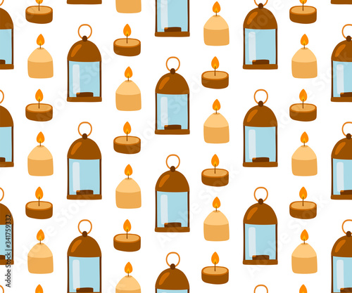 Flat style candles and candlestick vector seamless pattern on white background