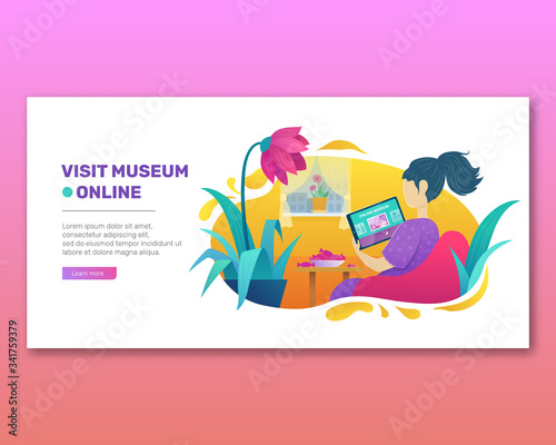 Visit museum online colorful vector banner in flat style. Girl sitting in armchair and visiting art exhibition with tablet computer at home. Virtual museum and art gallery interactive tour.