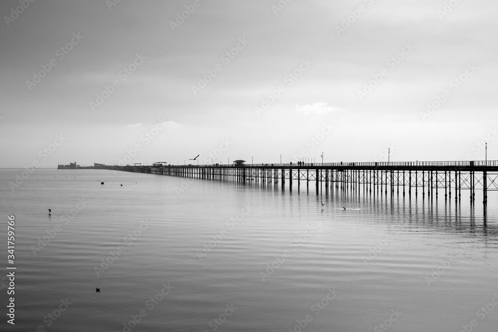 Black and white image of Southend Pier, Southend-on-Sea, Essex, England