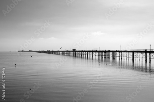 Black and white image of Southend Pier, Southend-on-Sea, Essex, England