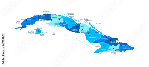 Cuba map. Cities, regions. Vector