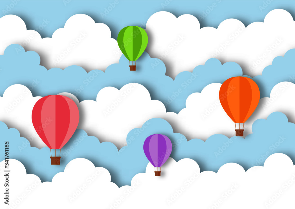 paper art style travel with balloon flying background. vector Illustration.