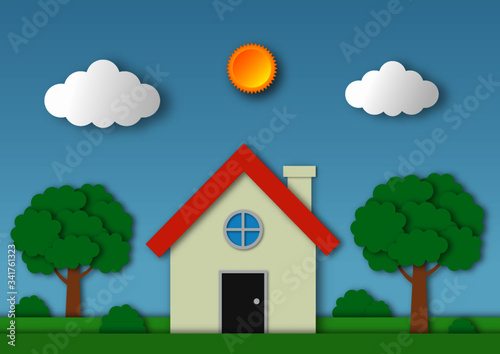 house with green plants paper art style background. vector Illustration.