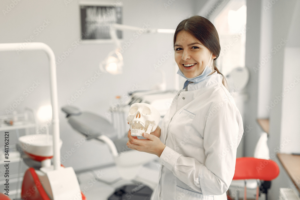 Woman in a uniform. Doctor working at the clinic. Dentist holds a skull in her hands Woman in a uniform. Doctor working at the clinic. Dentist holds a skull in her hands