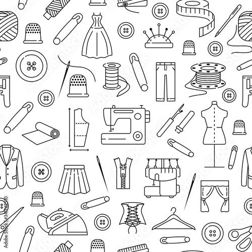 Seamless pattern with line icons of sewing. background for sewing atelier, workshop. Clothing repair. Concept for web banners, site and printed materials.
